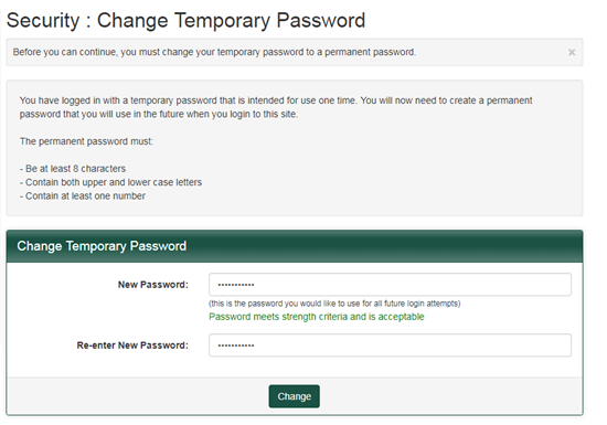 green bar change temporary password to permanent password